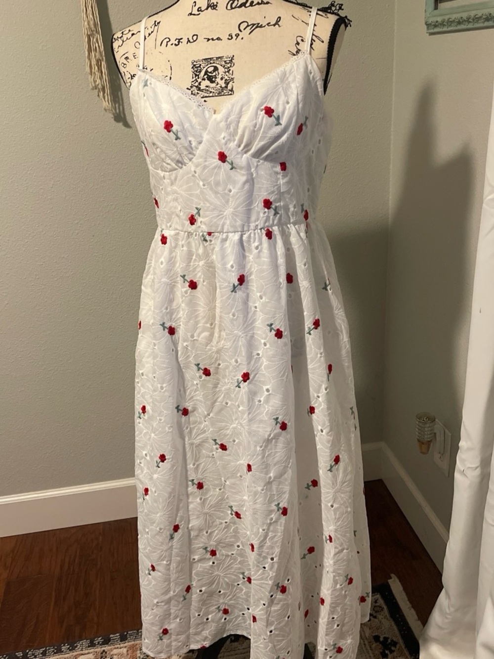 SHEIN White Maxi Dress with Red Floral Embroidery